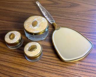 k Vintage Glass Vanity Set with Gold and Mother of Pearl Colored Accents