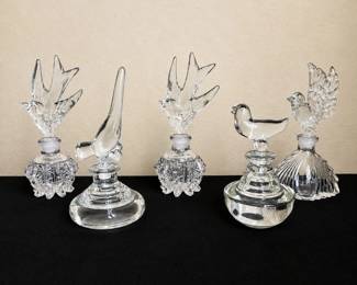 a3 Set of Five Vintage Clear Glass Perfume Bottles with Ornate Bird Stoppers