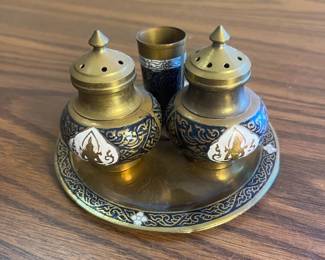 k Brass Colored and Enamel Salt and Pepper Shaker Set with Matching Tray and Toothpick Holder