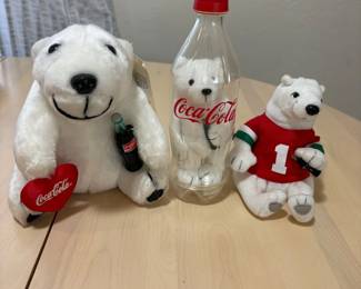 b26 Set of 3 CocaCola Plush and Beanie Polar Bears with Vintage CocaCola Bottle
