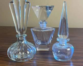 p Set of Three Vintage Clear Glass Geometric Decorative Perfume Bottles with Stoppers H 7.5in, 7in, and 6in