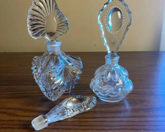 p Vintage Cut Glass Perfume Bottles with Intricately Designed Stoppers H 7.5in, 7in, and 4.5in