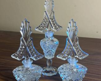 p Vintage Cut Glass Perfume Bottles with Ornate Stoppers Set of Three H 6in and 8in