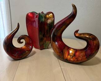 hd Set of Two Abstract Flame Wave Motif Sculptures with MultiColored Decorative Vase