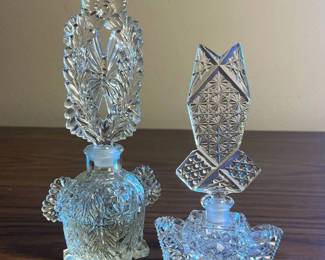 p Vintage Cut Glass Perfume Bottles with Intricate Ornate Stoppers H 8in and 6.5in
