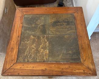 f Rustic Wooden End Table with Slate Tile Top, 23 Tall, 27.75 Square