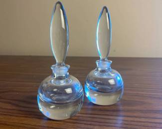 p Pair of Clear Round Glass Perfume Bottles with Elongated Stoppers H 6.5 in