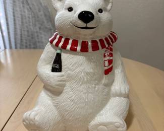 b25 CocaCola Polar Bear Cookie Jar with Red and White Scarf