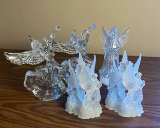 k Set of Frosted and Clear Plastic Angel Figurines and Candle Holders
