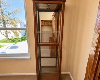 f Tall Lighted Wood Curio Display Cabinet with Glass Shelves SideOpening Doors