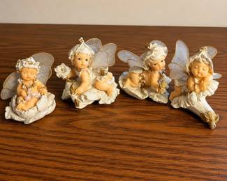 k Set of Four Delicate Baby Fairy Figurines with Glittered Wings