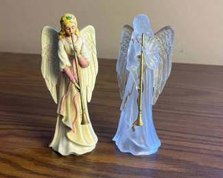 k Set of Two Angel Figurines with Trumpets One in Color and One Frosted