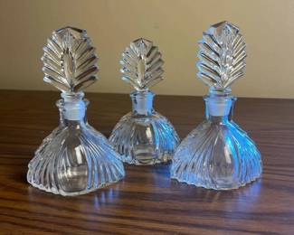 p Vintage Glass Perfume Bottles with Intricate Leaf Design Stoppers H 6 in and 5.5 in