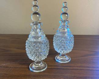 p Pair of Vintage Clear Glass Hobnail Perfume Bottles with Stoppers