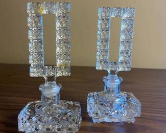 p Vintage Cut Glass Perfume Bottle with Rectangular Stoppers Pair H 6.5in