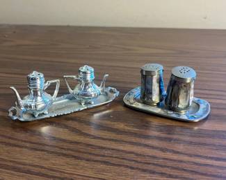k Miniature Silver Colored Salt and Pepper Shakers with Trays