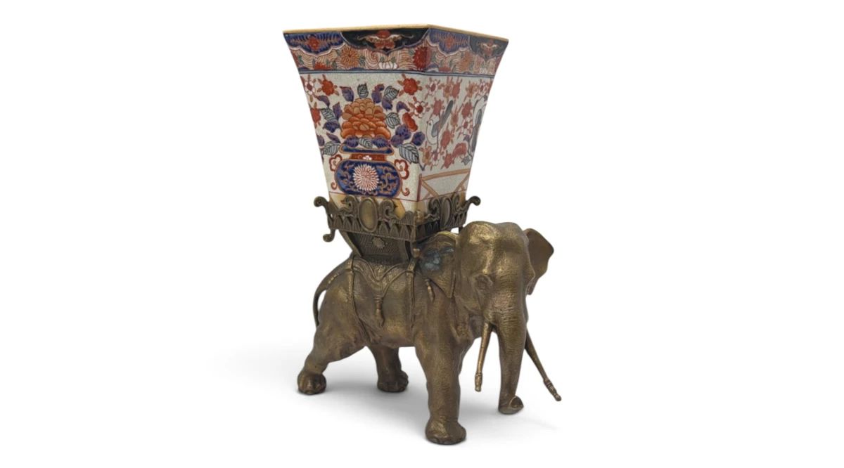 Asian Porcelain and brass elephant