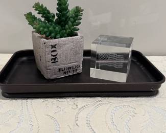 Tray, Faux Cactus and American Flag Paper Weight,   $14