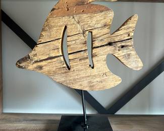 Wooden fish on stand, 13" x 11", $18