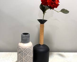 Grey & White Vase  10"   $8,   Blk & Rope Vase  $15"  $8