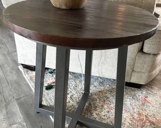Round end table with metal legs,27"H x 23"D, $95