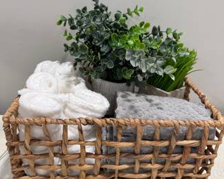 Washcloth, Hand towels & Two Faux Plants Basket  14",   $34