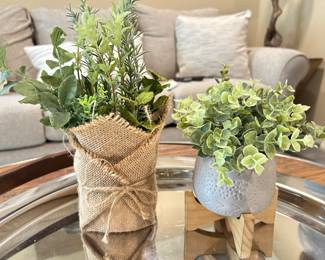 Burlap faux plant,  $7.   Faux plant in gray pot on wooden stand,  $10