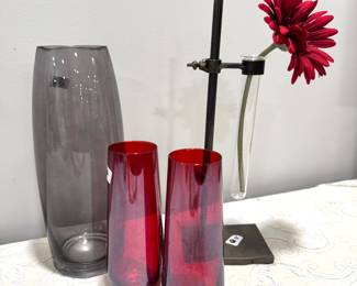 Smoked Glass Vase  10"   $8,  Pair Red Bud Vases  7"  $8,  Bud Vase on Stand 12"  $12