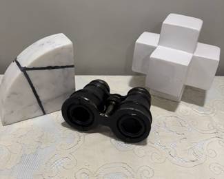 Marble Geometric Piece  6.5"  $10,  Faux Binocs  5"  $10,  Interlocking Ceramic Cube  7"  $10