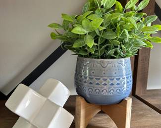 White modern ceramic Interlocking Ceramic Cube  , 4.5", $8, Blue pot w/greenery, 11"H, 15