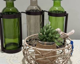 Three Green Connected Bottles  10"  $12,  Wire Bird Basket w/Plant  6" $10