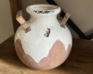 White & terracotta jug w/handles, 8" x 8", $24