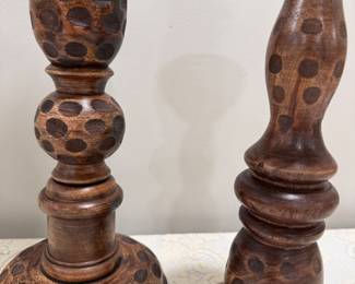 CLOSE UP - Pair Wood Circle Cut Design Candle Sticks