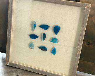 Blue/turquoise framed polished rocks, 17.5" x 17.5", $42