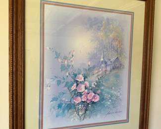 Vintage Framed Andres Orpinas Blue Landscape Print Flowers Birds Church House