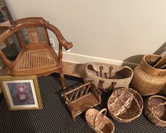 Handwoven cane chair and made handmade baskets