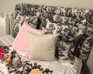Toile covered bed with skirt and pillows