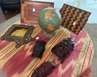 Handmade trays and late 29th C metal boudier looking glass