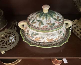 Lots of brass and copper along with colorful tureen