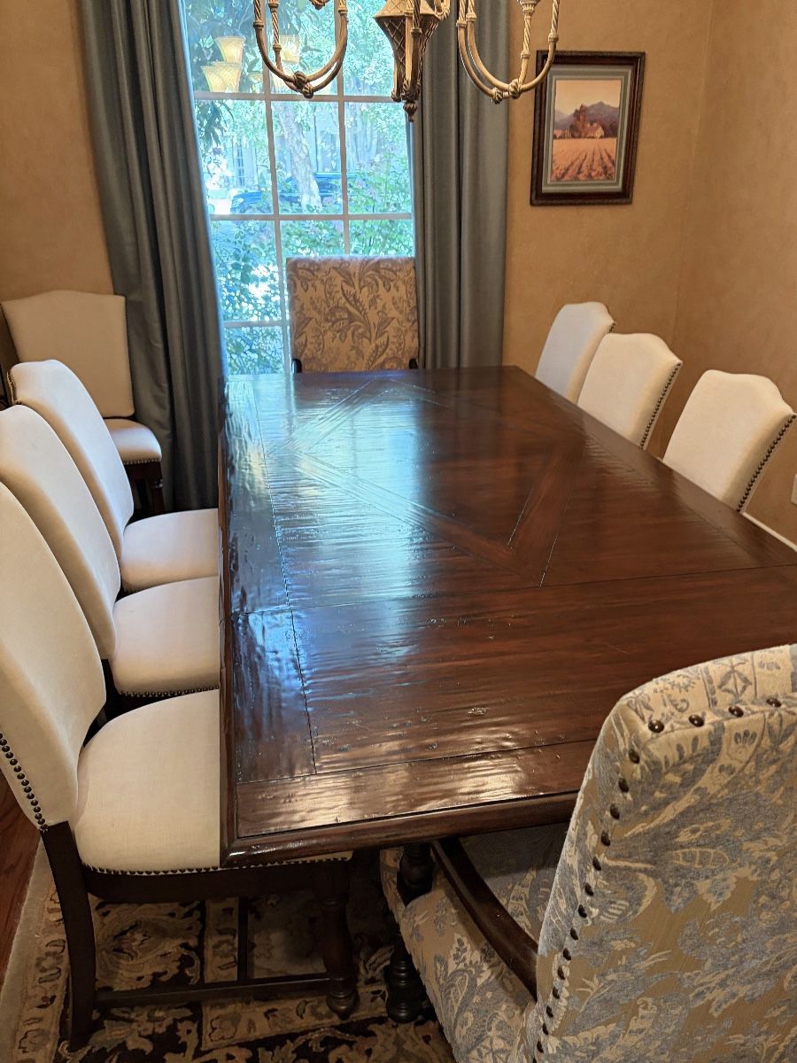 Outstanding high end dining table, ten custom chairs (can be purchased separately)