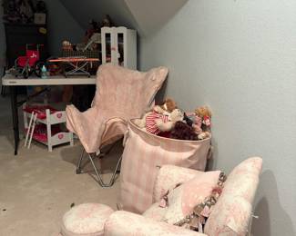 Children's Adorable Upholstered Pink Chair and Ottoman 