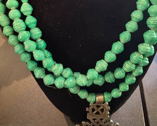 Vintage Three Strand Emerald Green Beaded Necklace with Coptic Cross