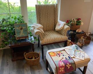 Vintage armchair, ottoman, slate, top side, tables, greenery, and baskets, decor, and more