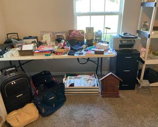 Suitcase, computer bags, cards, filing cabinet, office supplies
