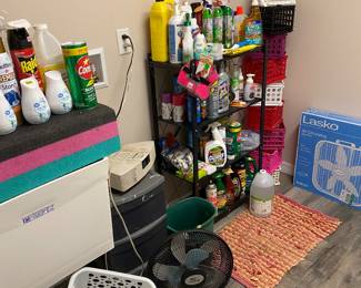 Baskets, fan still in box, cleaning supplies