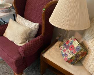 Vintage wingback chair, ottoman, lamp, etc.