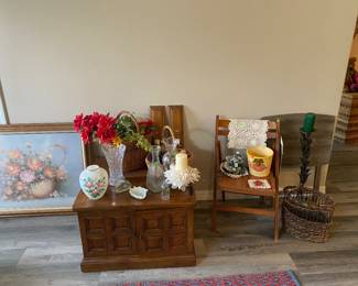 Side table/coffee table, vintage wood, folding chair, wall, art, decor, etc.