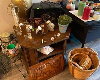 Side table, tray, baskets, decor, etc.