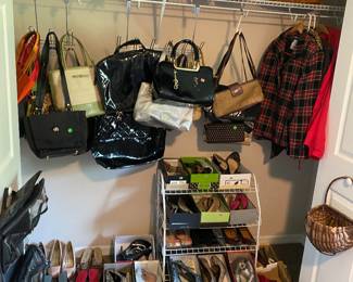 Shoes around size 9 and 10, purses, baskets, jackets