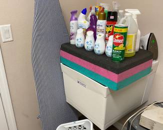 Cleaning supplies, step block for exercise, ironing board